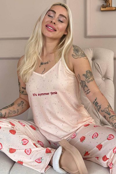 Pijamaevi Set de pijamale de damă tricotate cu curele de frânghie imprimate Summer Time bej