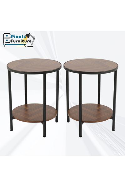 PixelsFurniture مجموعة 2 طاولة دائري جانبية طبقتين من بكسل الأثاث للقهوة بسطح من الخشب وبرف سفلي وبأطراف من المعدن