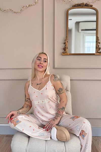 Pijamaevi Light Powder See the Good Printed Rope Strap Knitted Women's Pajama Set