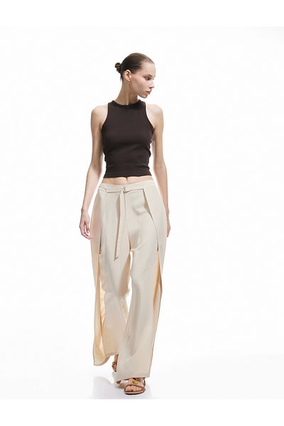 Koton Viscose Belt Detailed Slit Ribbed Wide Leg Trousers