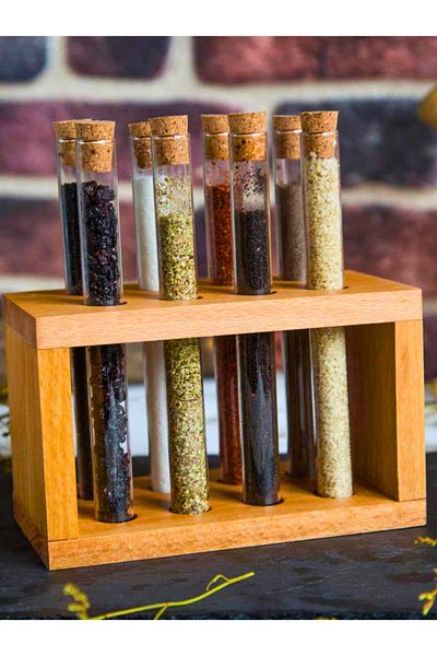 Woodcept 8 Tube Spice Rack Set with Wooden Stand and Mushroom Lid