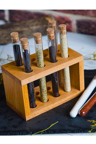 Woodcept 8 Tube Spice Rack Set with Wooden Stand and Mushroom Lid