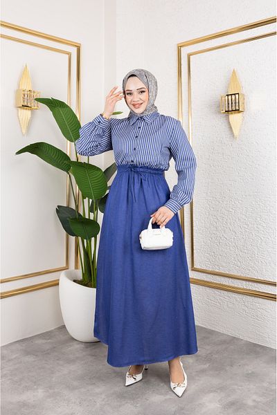 Eliva Rochie de damă, albastru bleumarin, din satin, lungă, albă, cu dungi, cu talie elastică