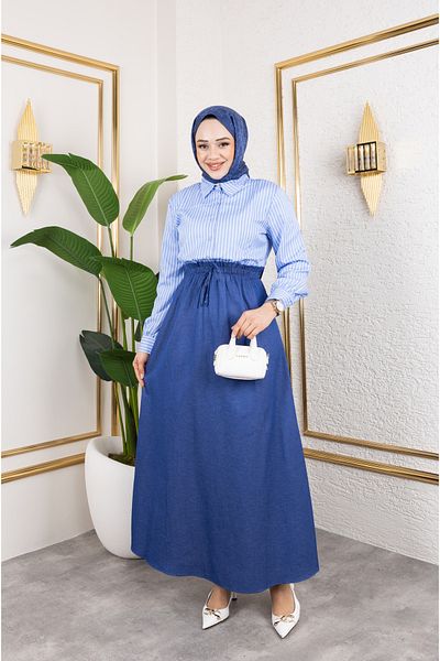Eliva Γυναικείο Baby Blue Satin Μακρύ Λευκό Ριγέ Μακρυμάνικο Φόρεμα Hijab με ελαστική μέση