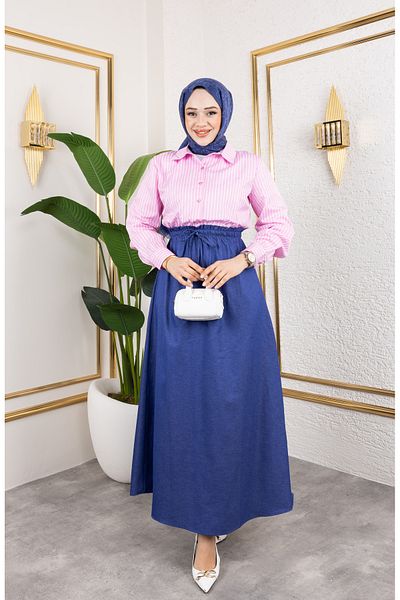 Eliva Rochie de damă din satin roz pudrat, lungă, albă, cu dungi, cu talie elastică