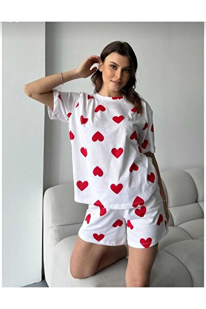 Kadın Kalp Baskılı Pijama Takımı Kırmızı Kısa
