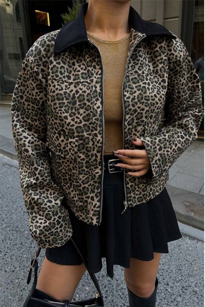 nedo7 Leopard Pattern Crop Jacket Gabardine - Leopard