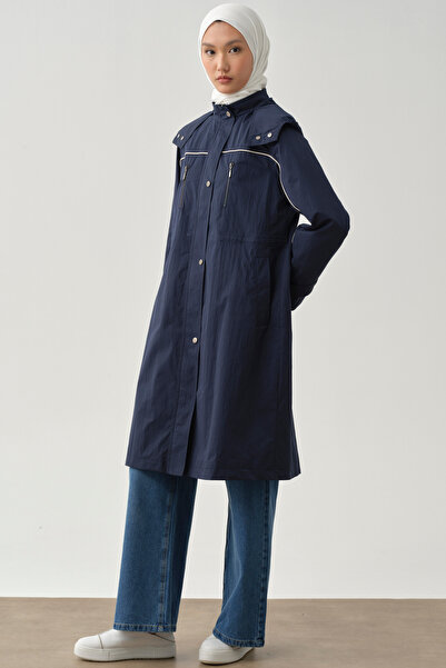 Tuğba T Kol Garni Biyeli Kapüşonlu Trençkot - İndigo