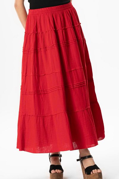 Eliş Şile Bezi Benan Elastic Waist Long Summer Muslin Skirt Red Krmz