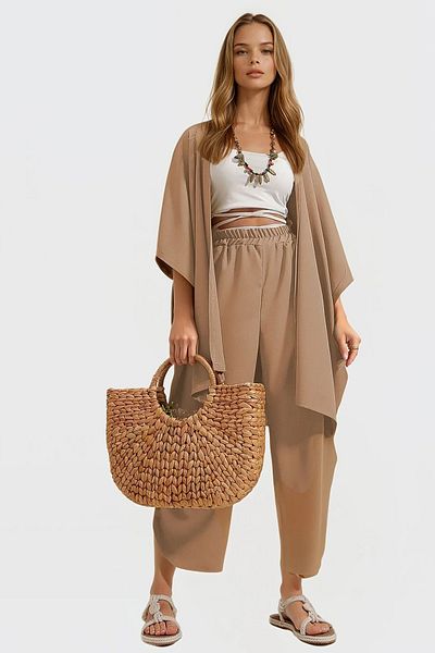 VAGGON Women's Camel Leg Pants and Jacket, Self-Textured & Slit Double Suit