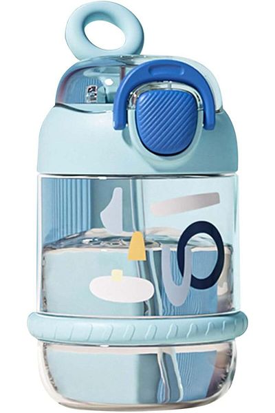 COOYA Cute Water Bottle, Cartoon Big Belly Cup, With Straw, Plastic Water Cup (Blue)