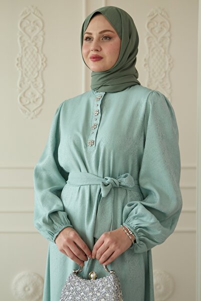 InStyle Πράσινο ζακάρ φόρεμα με λεπτομέρεια από πέτρα