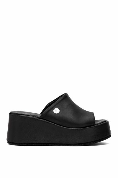Mammamia Women's Black Genuine Leather Wedge Heel Slippers D25Yt-1565