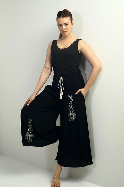 By Saygı Women's Elastic Waist Pocketed Palazzo Trousers with Embroidery Detail