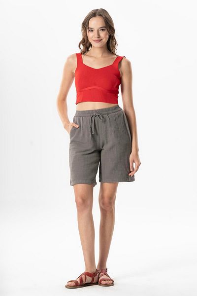 Eliş Şile Bezi Gray Gray Elastic Waist Wind Above Knee Corn Top Summer Shorts