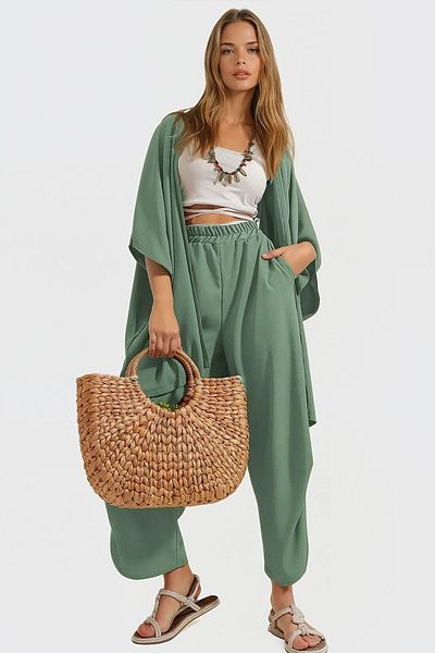 VAGGON Women's Green Slit Trousers and Jacket Two-Piece Set Prmx752-001