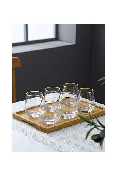 COOYA 6-Piece Hexagonal Low Glass Water Cup, Geometric Tilting Design, Stem Less Anti Rocking