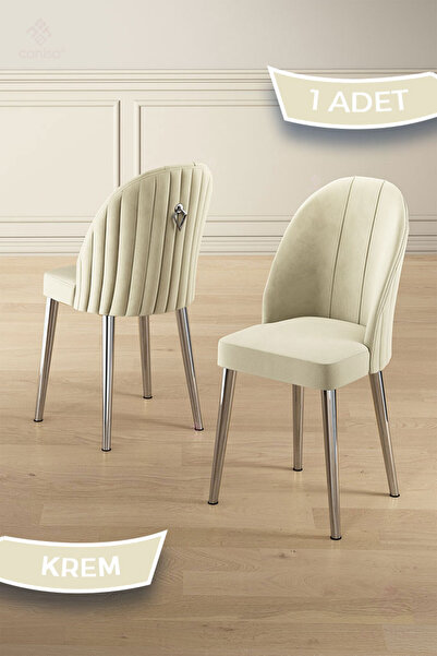 Canisa Mara Serisi 1 Adet Krem Mutfak Sandalyesi Krom Kaplama Metal Ayak 1. S...