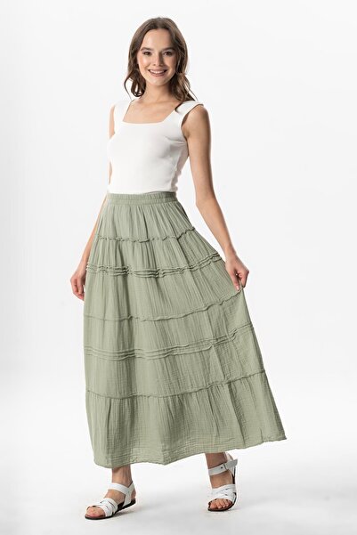 Eliş Şile Bezi Benan Elastic Waist Long Summer Mustasa Skirt Olive Green