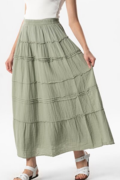 Eliş Şile Bezi Benan Elastic Waist Long Summer Mustasa Skirt Olive Green
