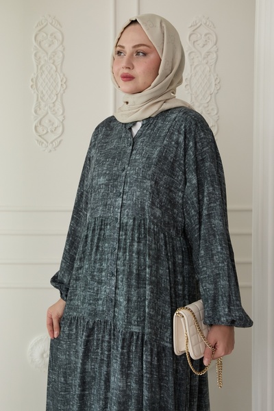 InStyle İnce Karışık Desenli Viskon Haki Elbise