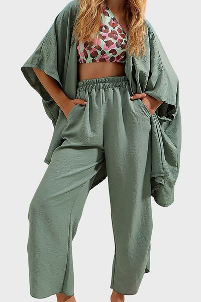 VAGGON Women's Green Slit Trousers and Jacket Two-Piece Set Prmx752-001