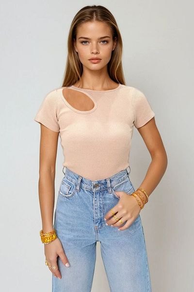 VAGGON Women's Beige Crew Neck Drop Cut Half Sleeve Knitted Blouse Prmx11546
