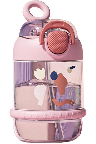 COOYA Cute Water Bottle, Cartoon Big Belly Cup, with Straw, Plastic Water Cup (Pink)