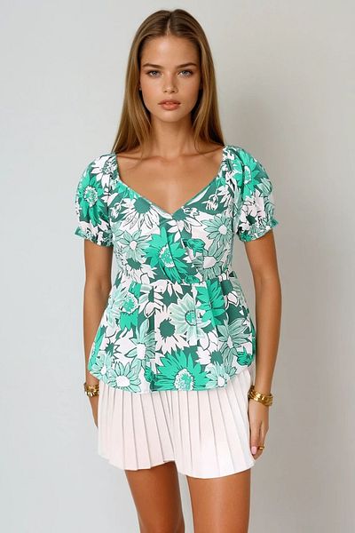 VAGGON Women's Green Kiss Collar Watermelon Sleeve Patterned Poplin Blouse Prmx12411