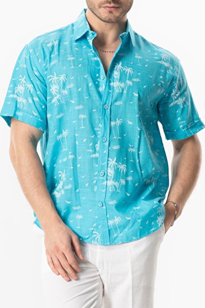 Eliş Şile Bezi Short Sleeve Cotton Shirt Turquoise Trkz Men's Summer