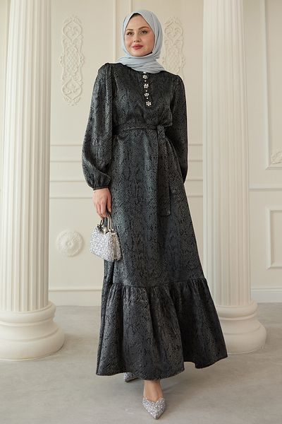InStyle Rochie neagră jacquard cu detaliu de piatră în pată