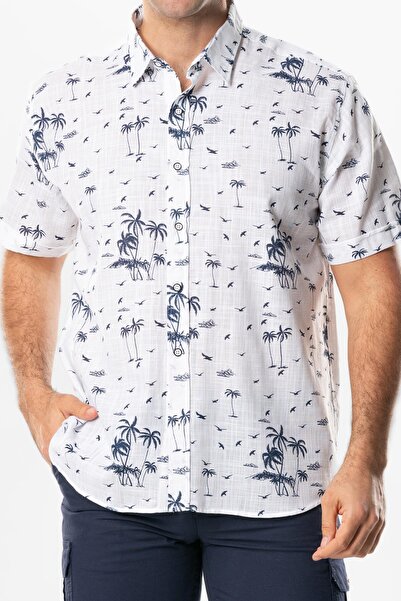 Eliş Şile Bezi Ανδρικό καλοκαιρινό πουκάμισο με κοντομάνικο βαμβακερό εμπριμέ λευκό Byz