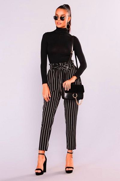 FASHION COCKTAIL Striped Belted Waist Frilly Seasonal Fabric Short Narrow Leg Women's Trousers Black