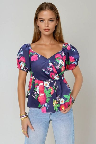 VAGGON Women's Navy Blue Kiss Collar Watermelon Sleeve Patterned Poplin Blouse Prmx12411
