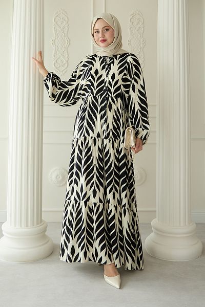 InStyle Rochie neagră din viscoză cu model de frunze colorate