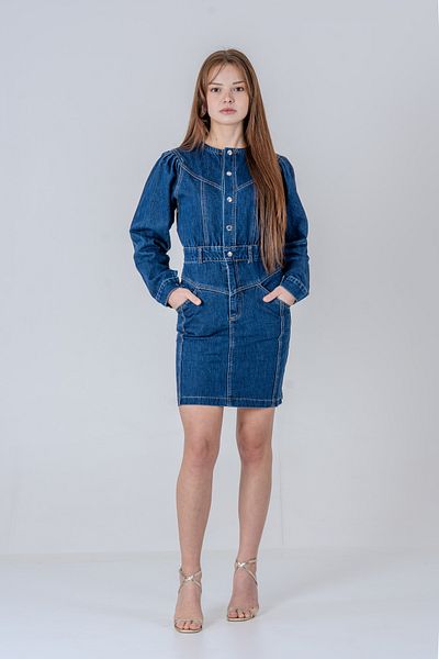 VerdeBlanco Buttoned Pleat Detailed Denim Dress Dark Navy Blue