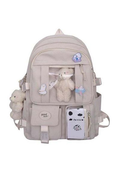COOYA School Backpack, Shoulder Waterproof, Aesthetic Cute with Pin and Cute Accessory (White)