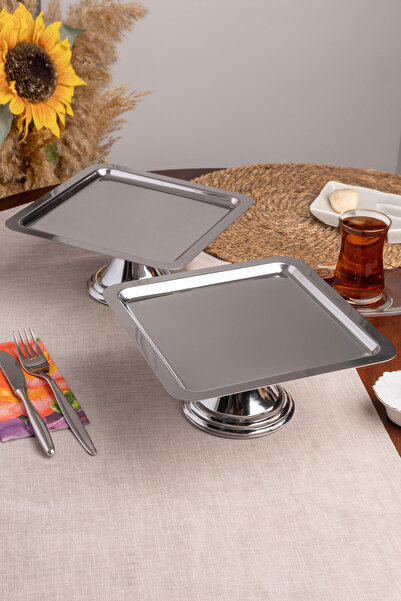 Aslı Hediyelik Luxury 2-Piece Square Silver Standing Cake, Pastry, Cookie, Dessert, Catering, Dowry Presentation Serving Stand