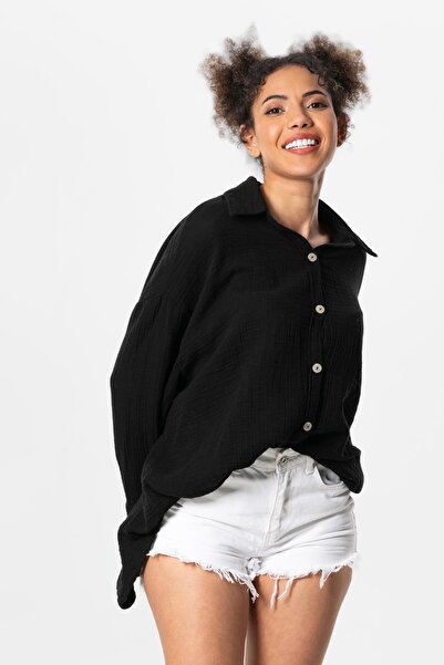 Eliş Şile Bezi Μακρυμάνικο Esved Γυναικείο Καλοκαιρινό Μουσελίνα Πουκάμισο Μαύρο Syh