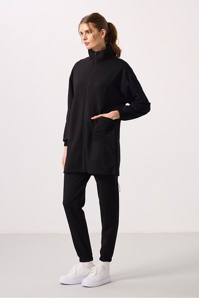 TOMMY LIFE Black Stand Collar Zippered Comfortable Form Women's Tracksuit Tunic Set - 95345