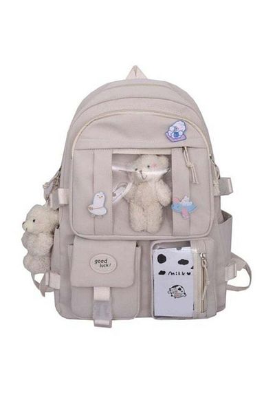 COOYA School Shoulde Backpack with Cute Plush Pendant, Aesthetic Cute Waterproof, for Children's(White)