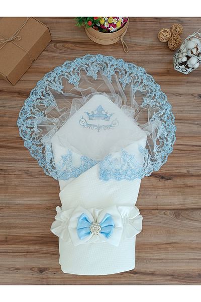 Tomuycuk Blue Lace Baby Blanket - 100% Cotton Swaddle Mawlid Gift for Newborn