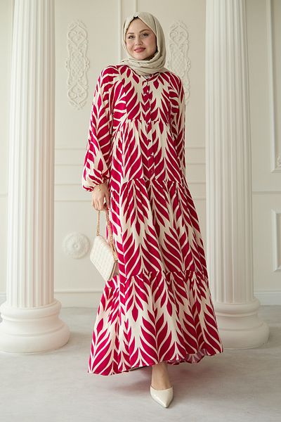 InStyle Colorful Leaf Patterned Viscose Fuchsia Dress