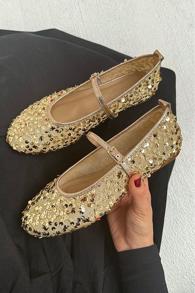 LAMİNTA Kitty Gold Sequin Detailed Buckle Women's Ballerinas