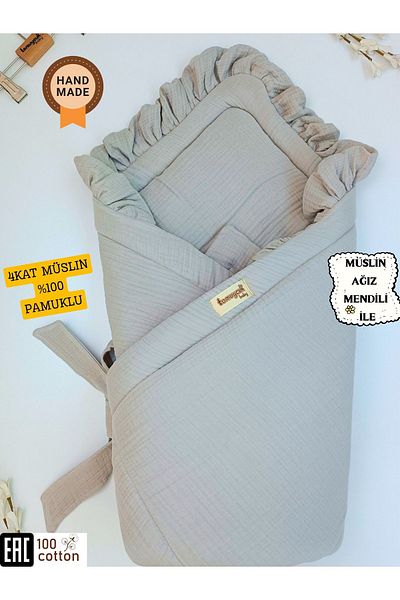 Tomuycuk Gri 4 Kat Müslin Bebek Battaniyesi - %100 باموكلو ويوموشاك Yenidoğan Uyku Kundağı