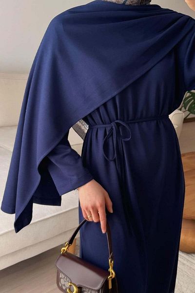 Ceylan Otantik Navy Blue Shawl Collar Dress