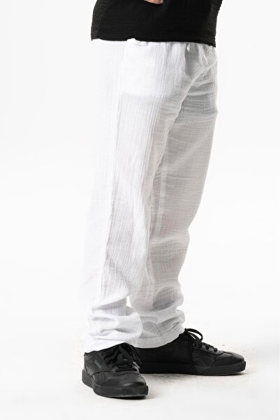 Eliş Şile Bezi Beli Lastikli Müslin Cepli Yazlık Çocuk Pantolon Beyaz Byz