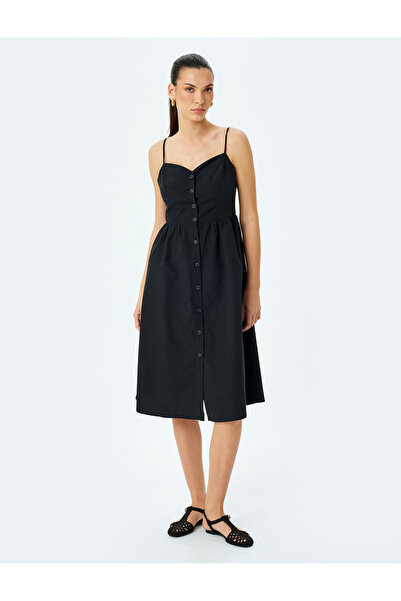 Koton Arkası Gipe Detaylı Düğmeli İnce Askılı Midi Boy Elbise