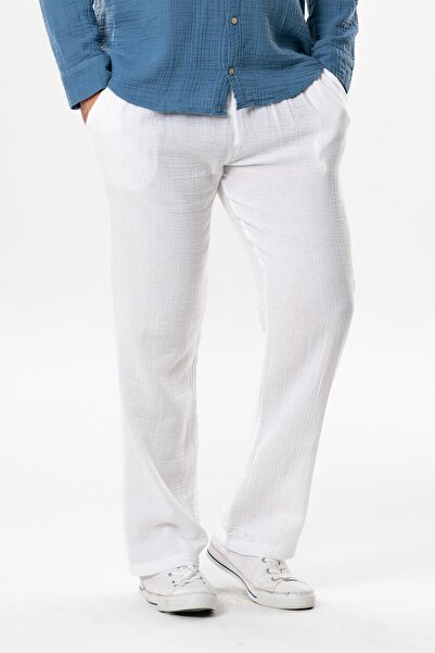 Eliş Şile Bezi Ανδρικό καλοκαιρινό παντελόνι - Λευκό Byz - Μουσελίνα ελαστική μέση με διπλές τσέπες