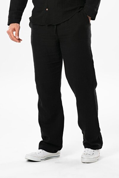 Eliş Şile Bezi Ανδρικό καλοκαιρινό παντελόνι Muslin Elastic Waist Double Pocket Μαύρο Syh